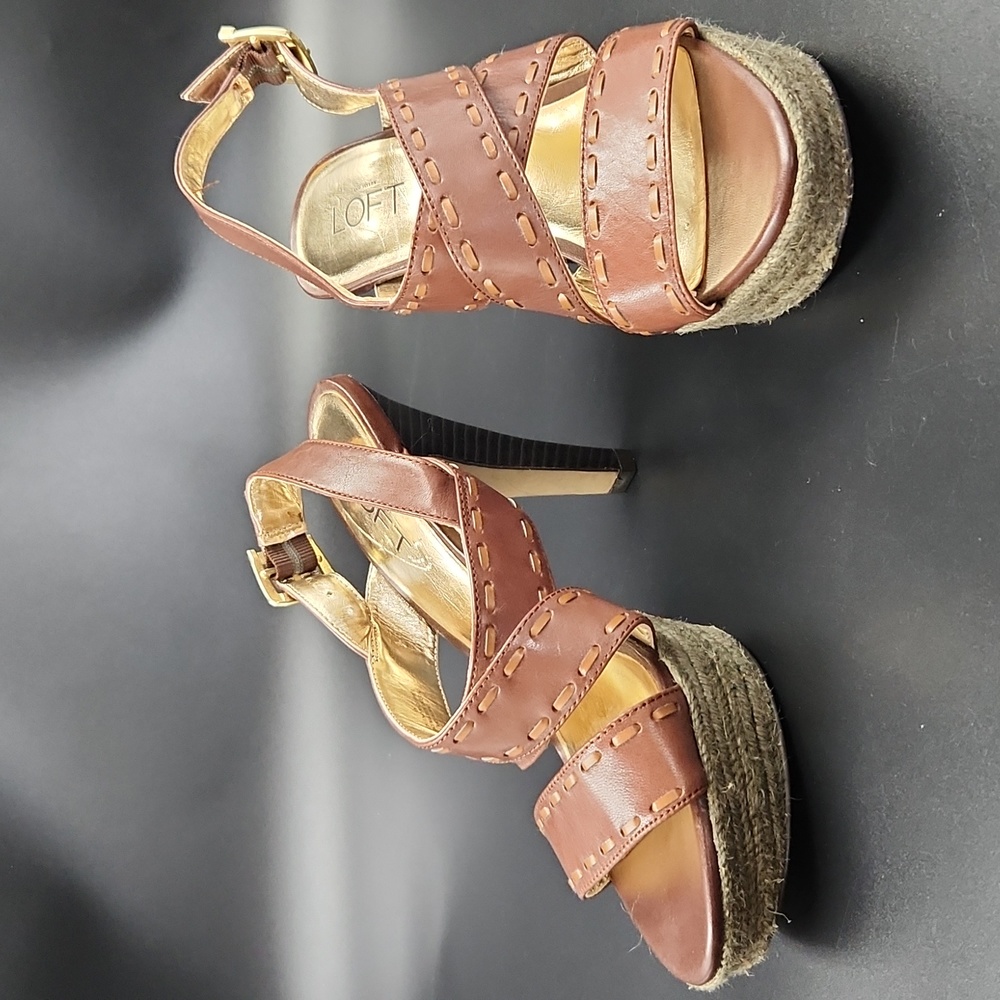 Loft Brown Leather Platform Heels Strappy Sandals Size 6 Espadrille Rope Detail